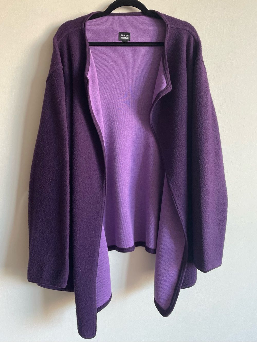 Eileen Fisher open cardigan sweater jacket purple wool cottage lagenlook L